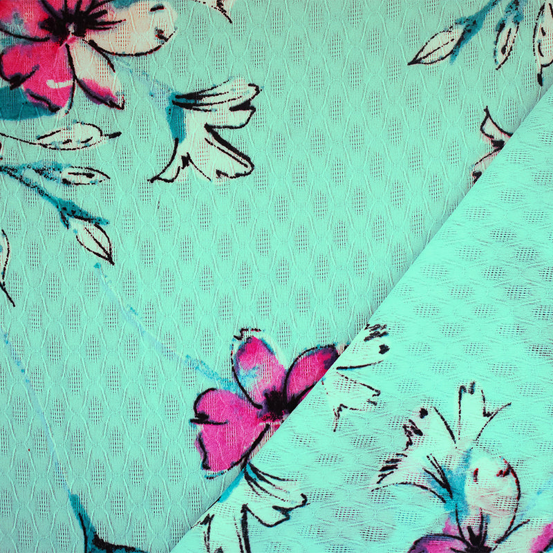 Teal-Pink-Multi Floral Printed Ogee Texture Dobby Chiffon Woven Fabric