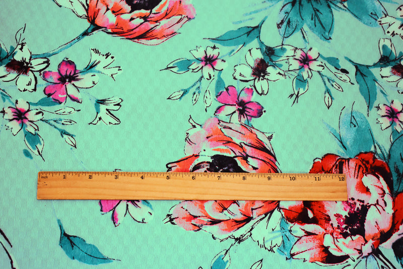Teal-Pink-Multi Floral Printed Ogee Texture Dobby Chiffon Woven Fabric