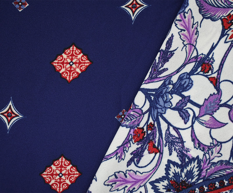 Blue-Red-Multi Floral Border Printed Poly Crepe Momie Georgette Fabric