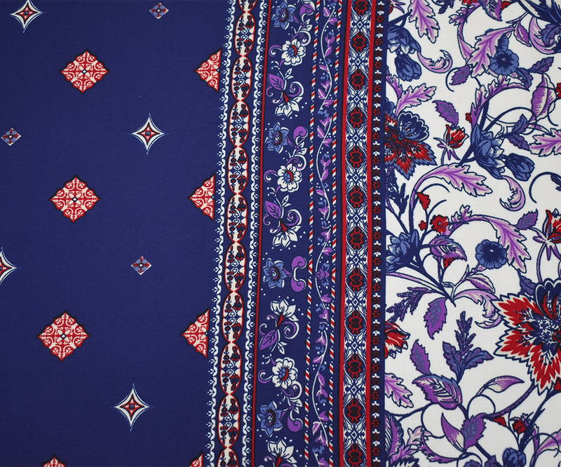 Blue-Red-Multi Floral Border Printed Poly Crepe Momie Georgette Fabric