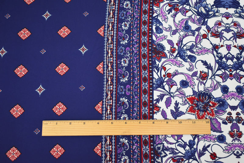 Blue-Red-Multi Floral Border Printed Poly Crepe Momie Georgette Fabric