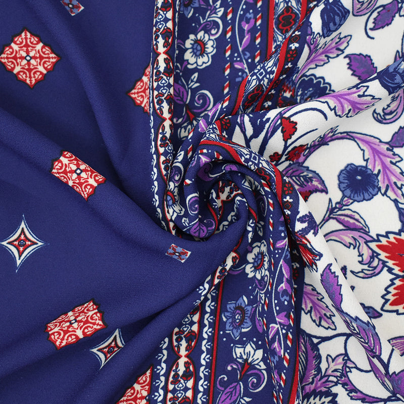 Blue-Red-Multi Floral Border Printed Poly Crepe Momie Georgette Fabric