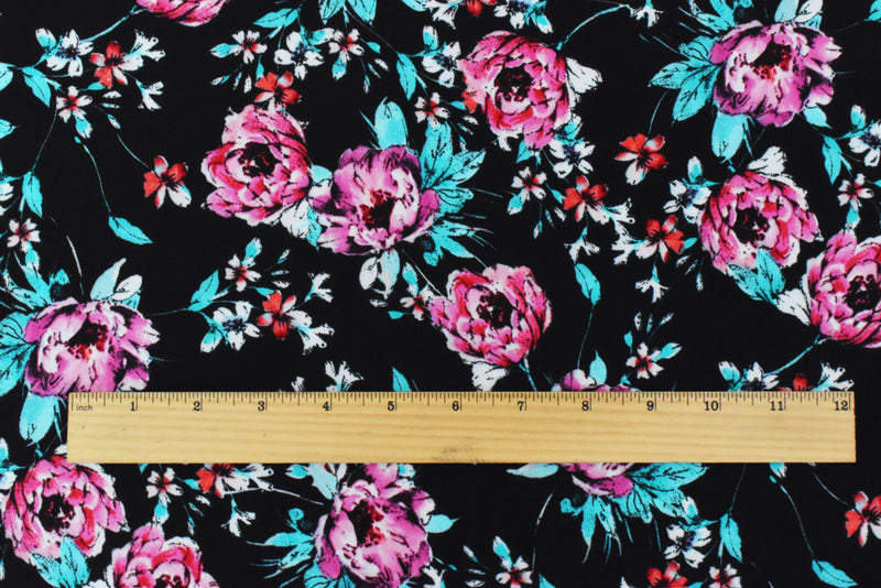 Black-Teal-Pink Polyester Floral Printed Momie Crepe Georgette Woven Fabric