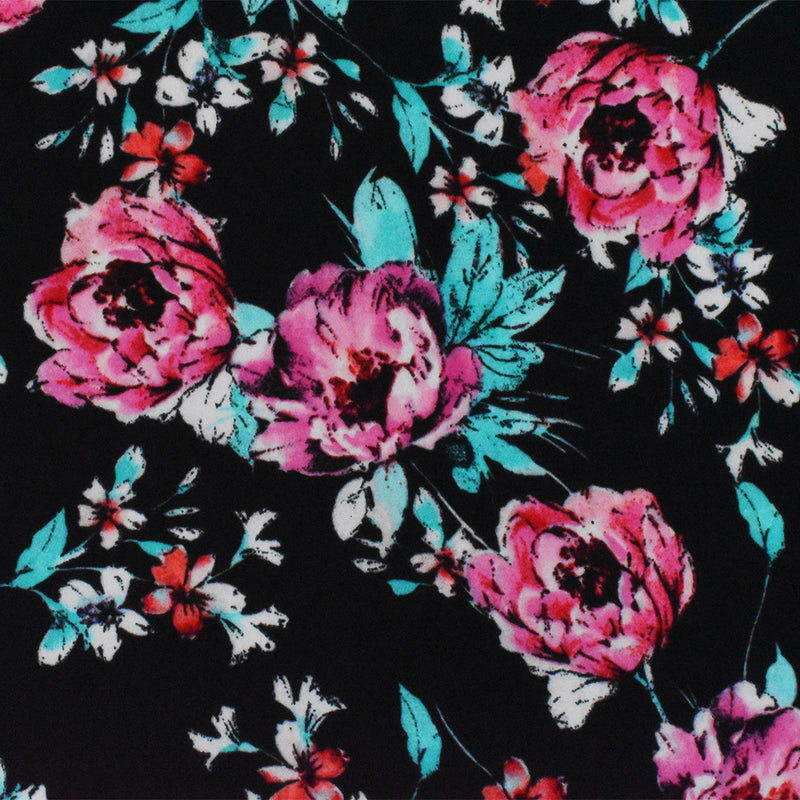 Black-Teal-Pink Polyester Floral Printed Momie Crepe Georgette Woven Fabric