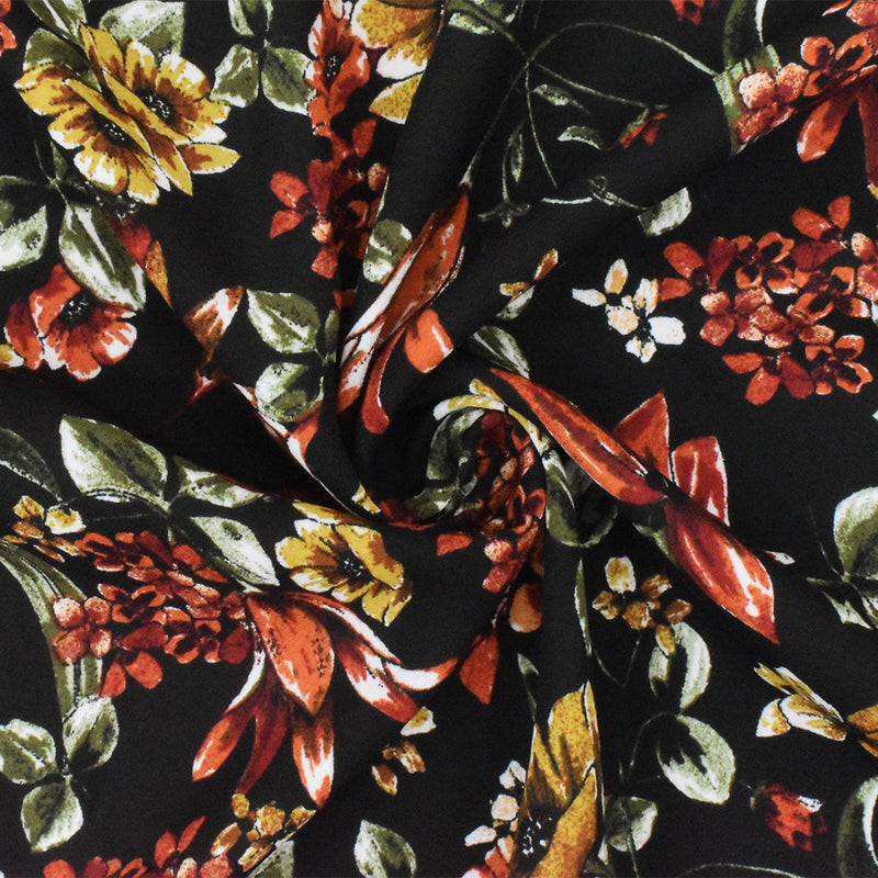 Black-Orange-Multi Polyester Floral Printed Momie Crepe Georgette Woven Fabric