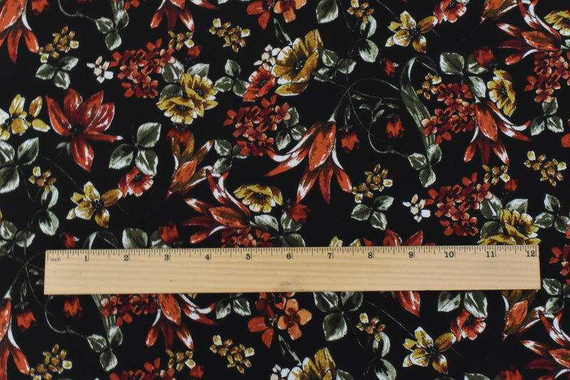 Black-Orange-Multi Polyester Floral Printed Momie Crepe Georgette Woven Fabric