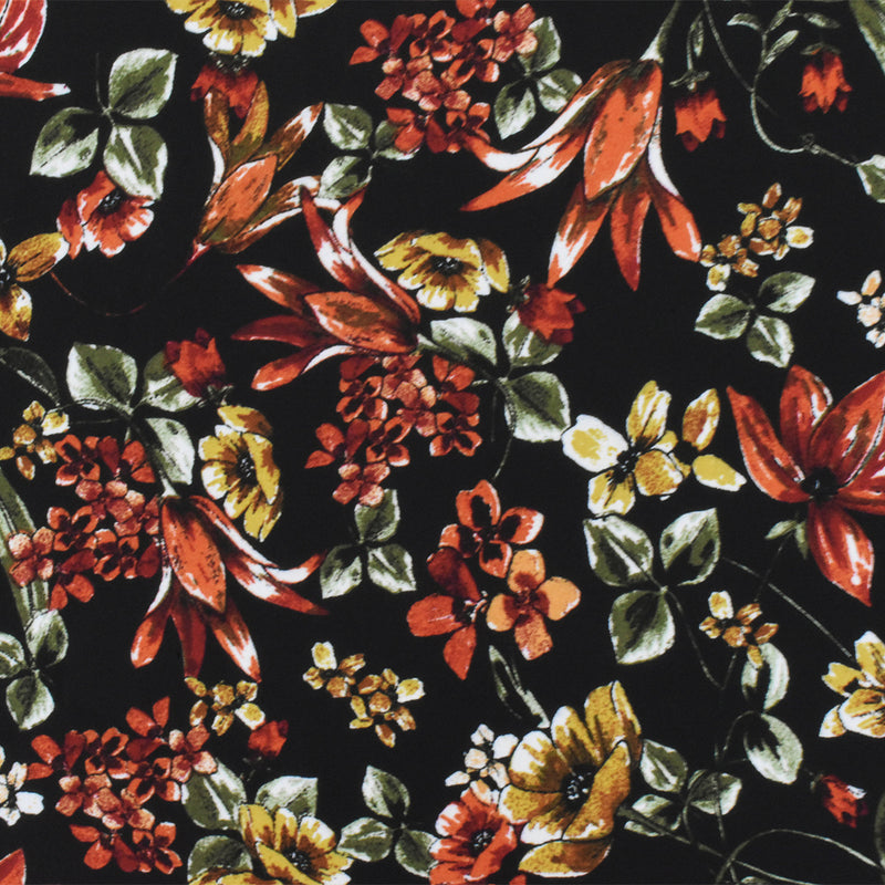 Black-Orange-Multi Polyester Floral Printed Momie Crepe Georgette Woven Fabric