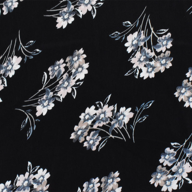 Black-Pink-Gray Poly Floral Printed Twill Satin Woven Fabric