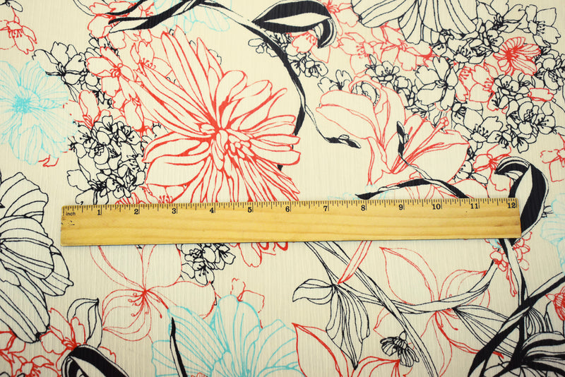 Ivory-Orange-Multi Floral Printed Poly Yoryu Chiffon Woven Fabric