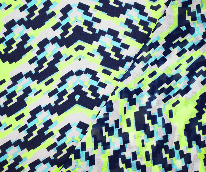 Navy-Lime Green-Multi Pixel Printed Poly Chiffon Woven Fabric