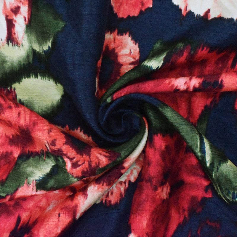 Deep Navy-Red-Multi Floral Printed Shantung Satin Back Woven Fabric