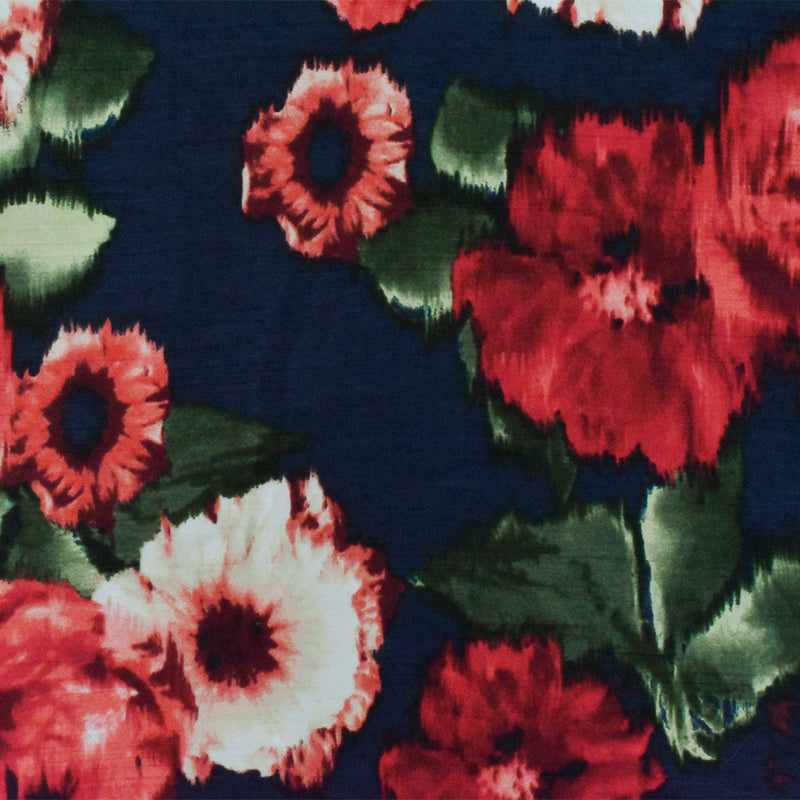 Deep Navy-Red-Multi Floral Printed Shantung Satin Back Woven Fabric