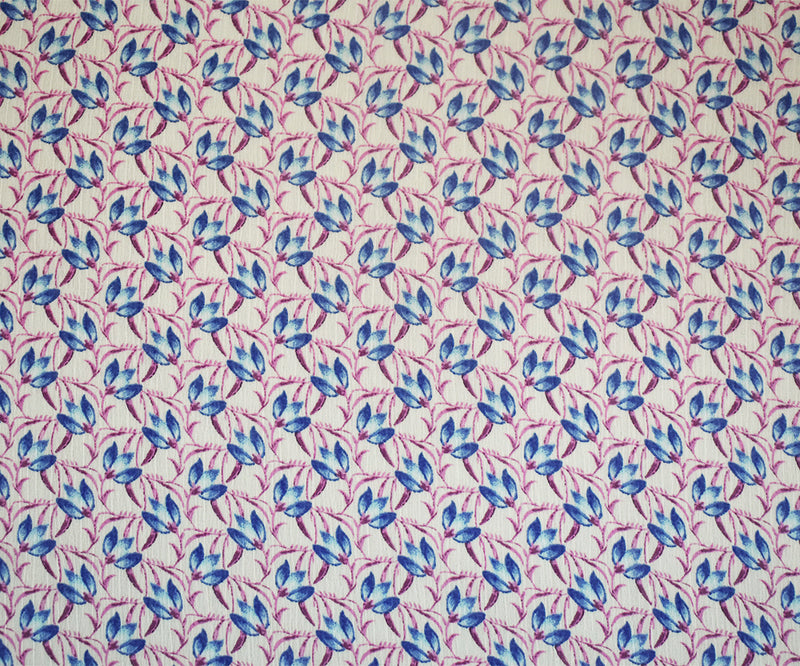 Ivory-Purple-Blue Floral Printed Poly Yoryu Chiffon Woven Fabric