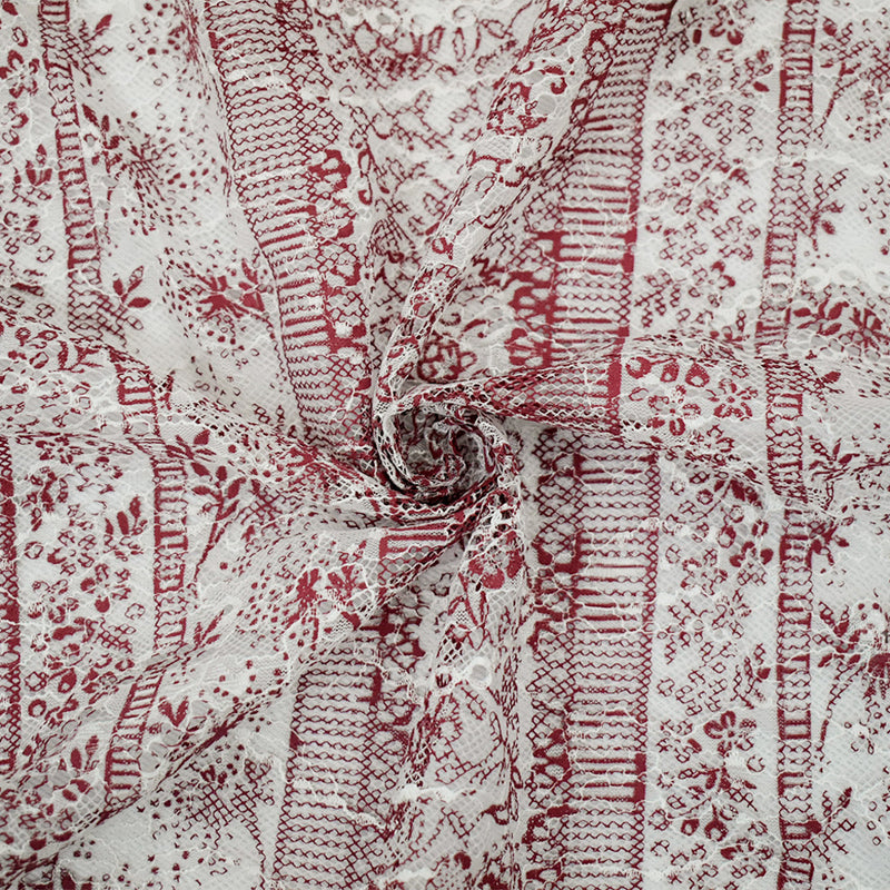Red-White Nylon Floral Stripe Printed Lace Mesh Knit Fabric