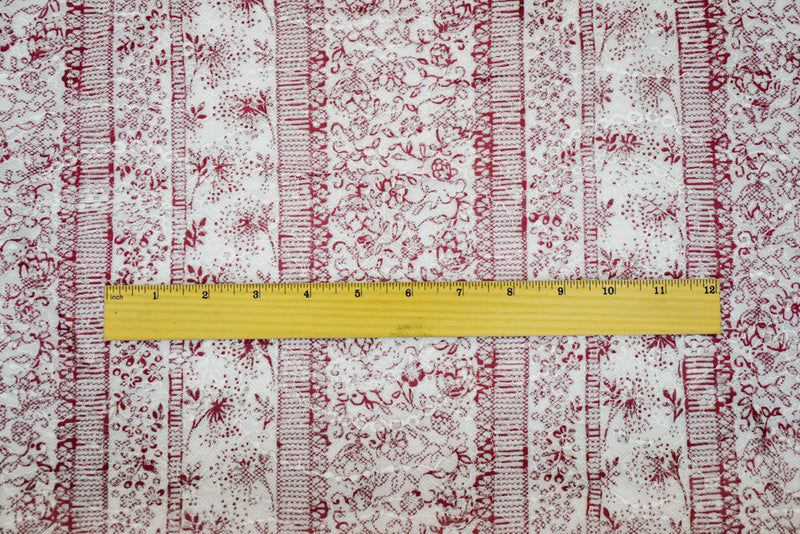 Red-White Nylon Floral Stripe Printed Lace Mesh Knit Fabric