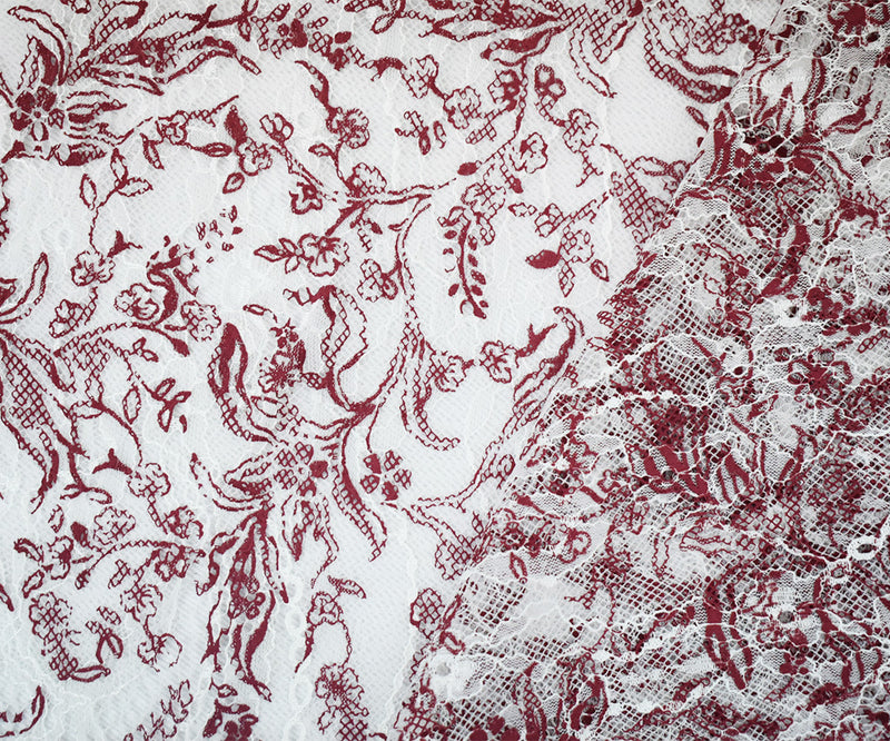 White-Deep Red Nylon Floral Vine Printed Lace Mesh Knit Fabric