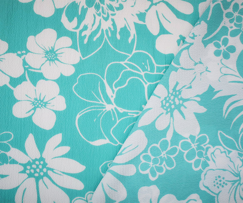 3 YD PC-Pastel Teal-White Polyester Nylon Floral Printed Pebble Crepe Woven Fabric