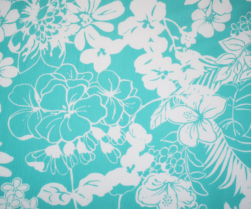 3 YD PC-Pastel Teal-White Polyester Nylon Floral Printed Pebble Crepe Woven Fabric