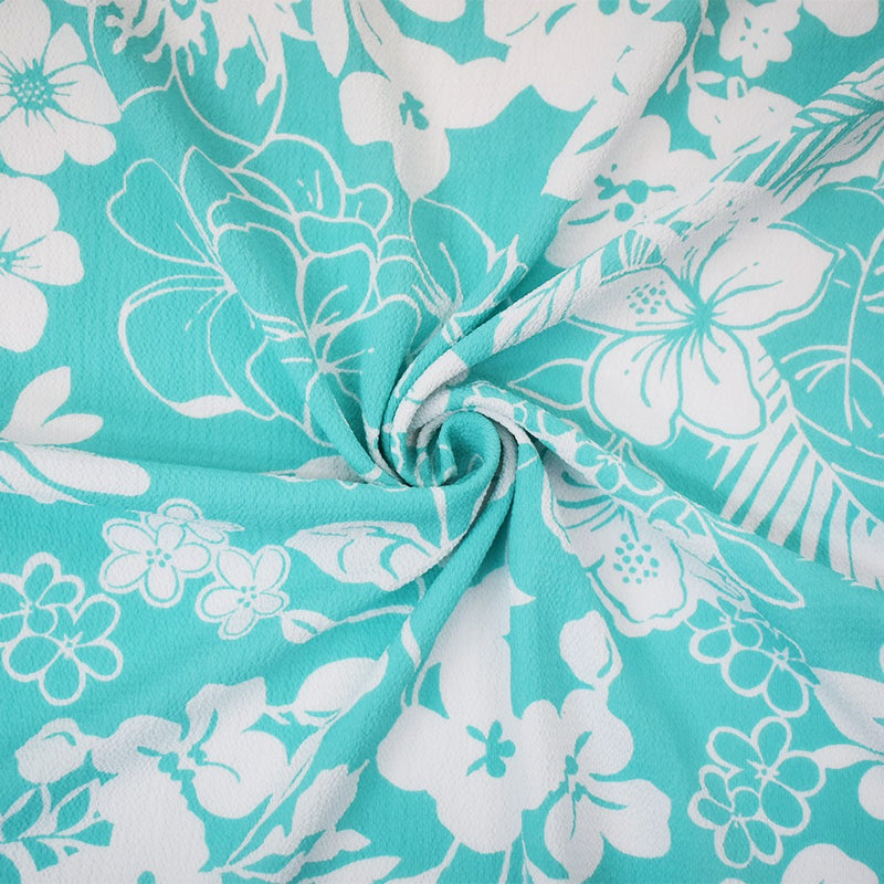 3 YD PC-Pastel Teal-White Polyester Nylon Floral Printed Pebble Crepe Woven Fabric