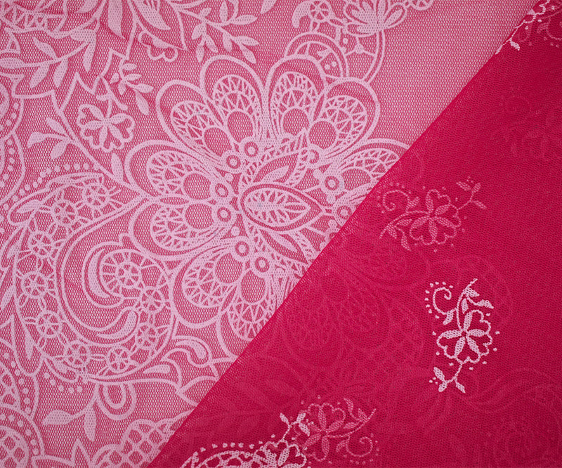 Red-White Nylon Floral Border Printed Mesh Tulle Knit Fabric