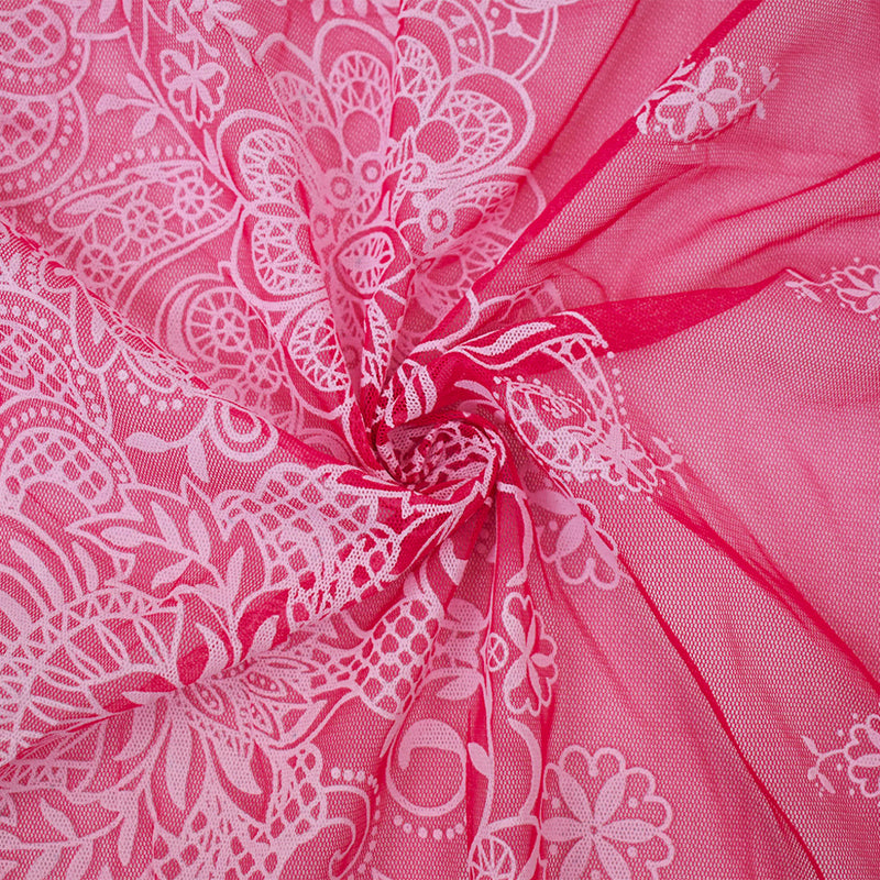 Red-White Nylon Floral Border Printed Mesh Tulle Knit Fabric