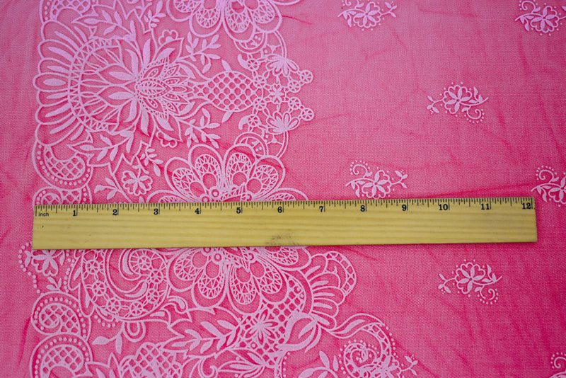 Red-White Nylon Floral Border Printed Mesh Tulle Knit Fabric