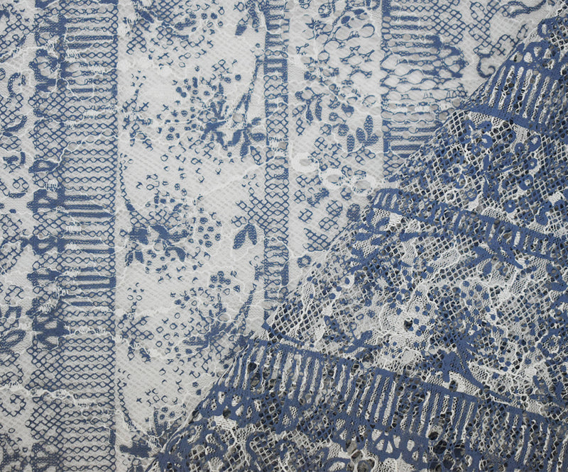 White-Blue Nylon Rayon Floral Stripe Printed Lace Mesh Knit Fabric