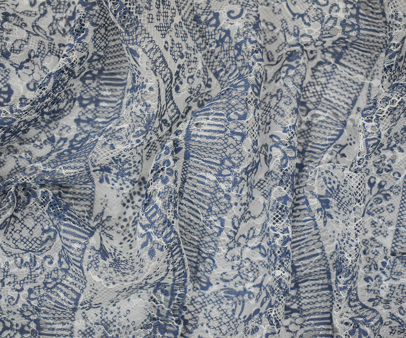 White-Blue Nylon Rayon Floral Stripe Printed Lace Mesh Knit Fabric