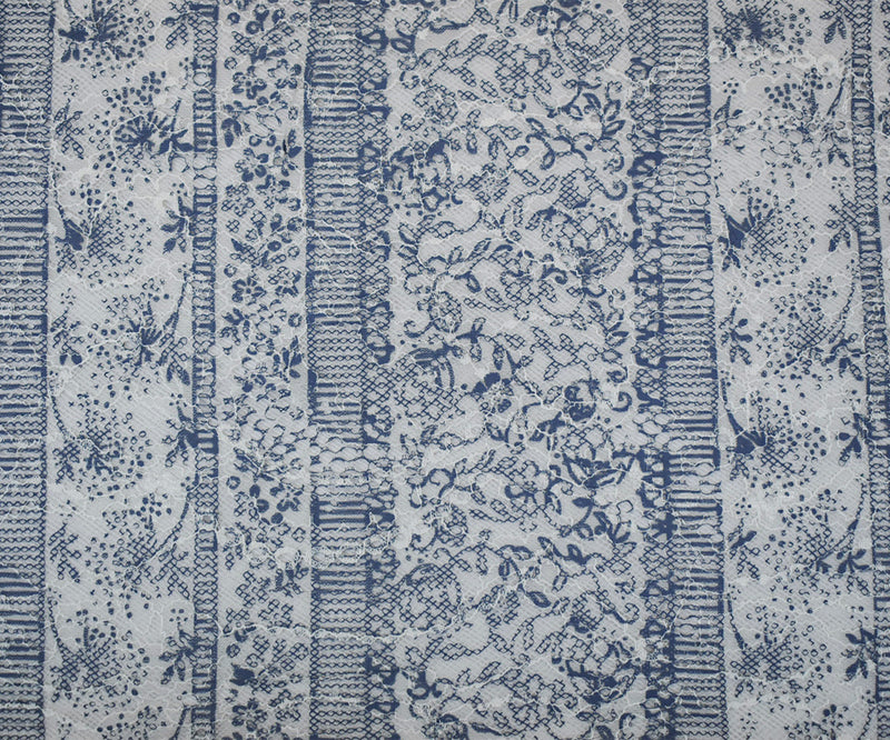 White-Blue Nylon Rayon Floral Stripe Printed Lace Mesh Knit Fabric