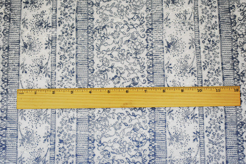 White-Blue Nylon Rayon Floral Stripe Printed Lace Mesh Knit Fabric