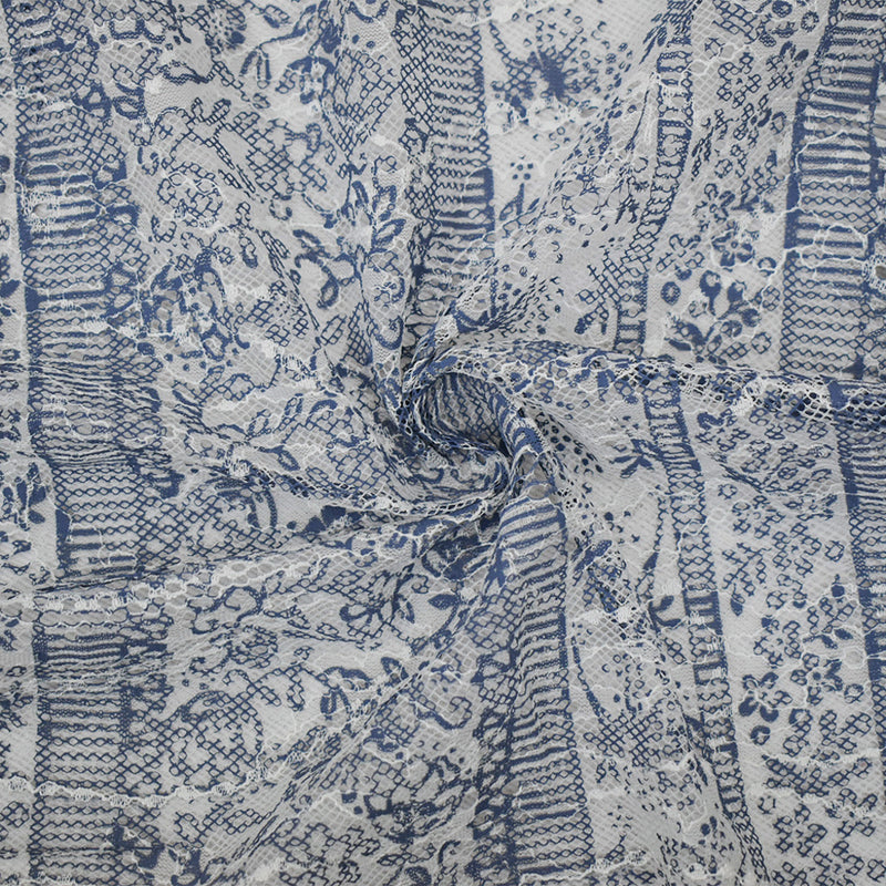 White-Blue Nylon Rayon Floral Stripe Printed Lace Mesh Knit Fabric