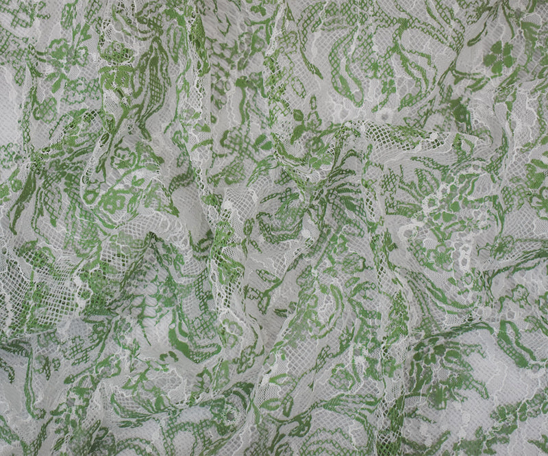 White-Green Nylon Floral Vine Printed Lace Mesh Knit Fabric