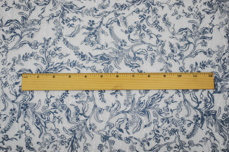 White-Blue Nylon Floral Vine Printed Lace Mesh Knit Fabric