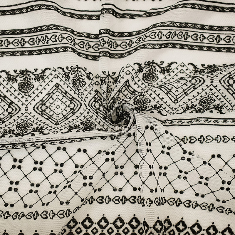 White-Black Nylon Diamond Multi Printed Tulle Mesh Knit Fabric