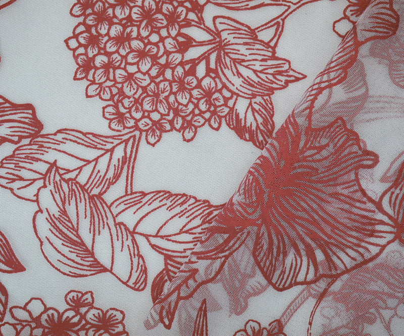White-Red Nylon Floral Printed Tulle Mesh Knit Fabric