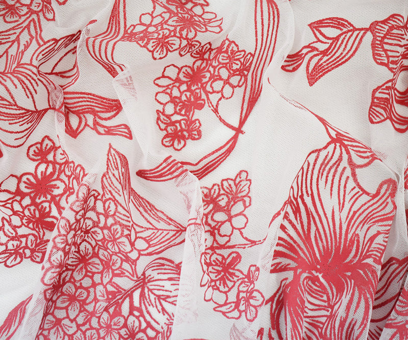 White-Red Nylon Floral Printed Tulle Mesh Knit Fabric