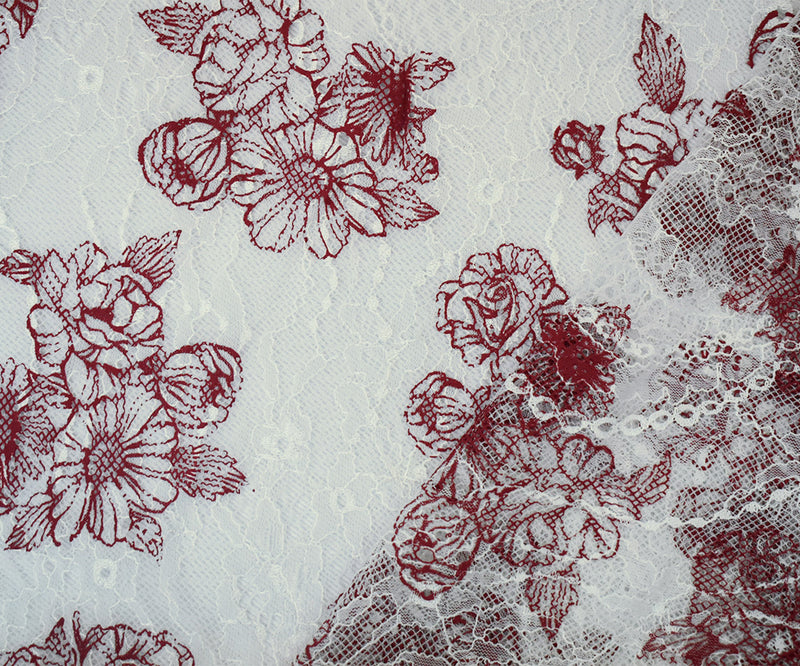 White-Deep Red Nylon Floral Printed Lace Mesh Knit Fabric