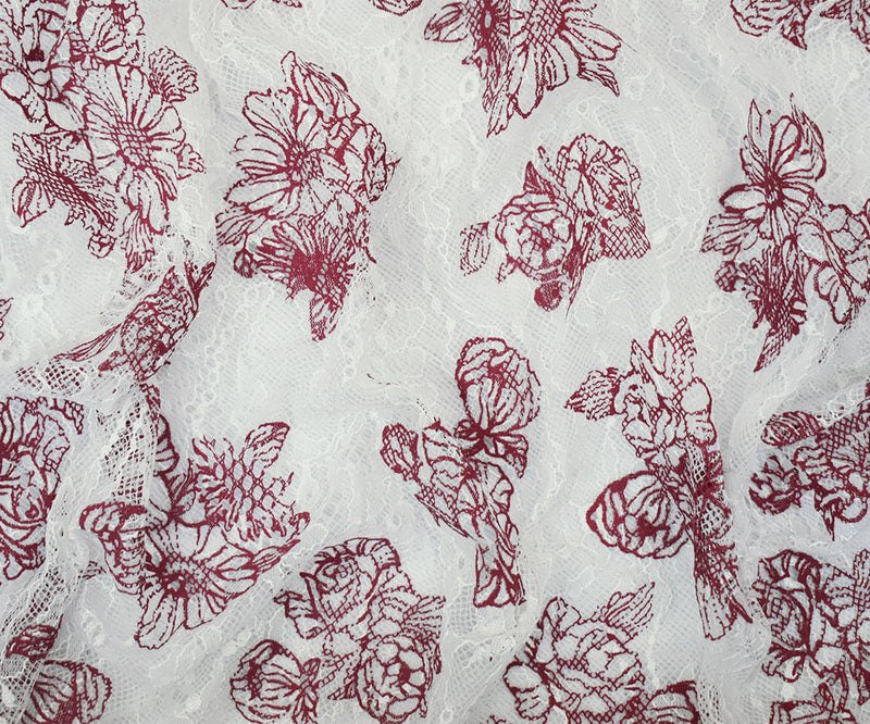 White-Deep Red Nylon Floral Printed Lace Mesh Knit Fabric