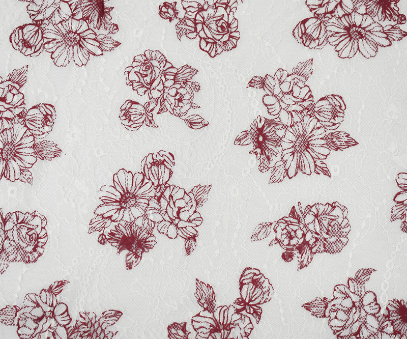 White-Deep Red Nylon Floral Printed Lace Mesh Knit Fabric