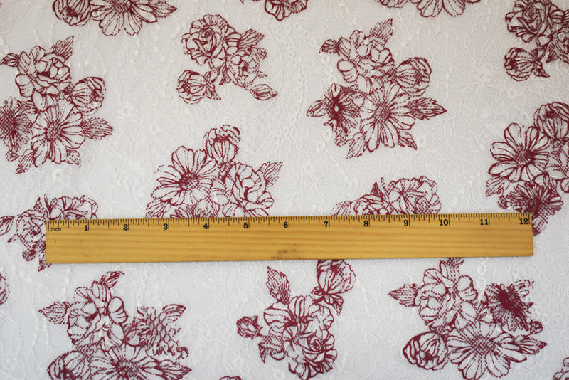 White-Deep Red Nylon Floral Printed Lace Mesh Knit Fabric