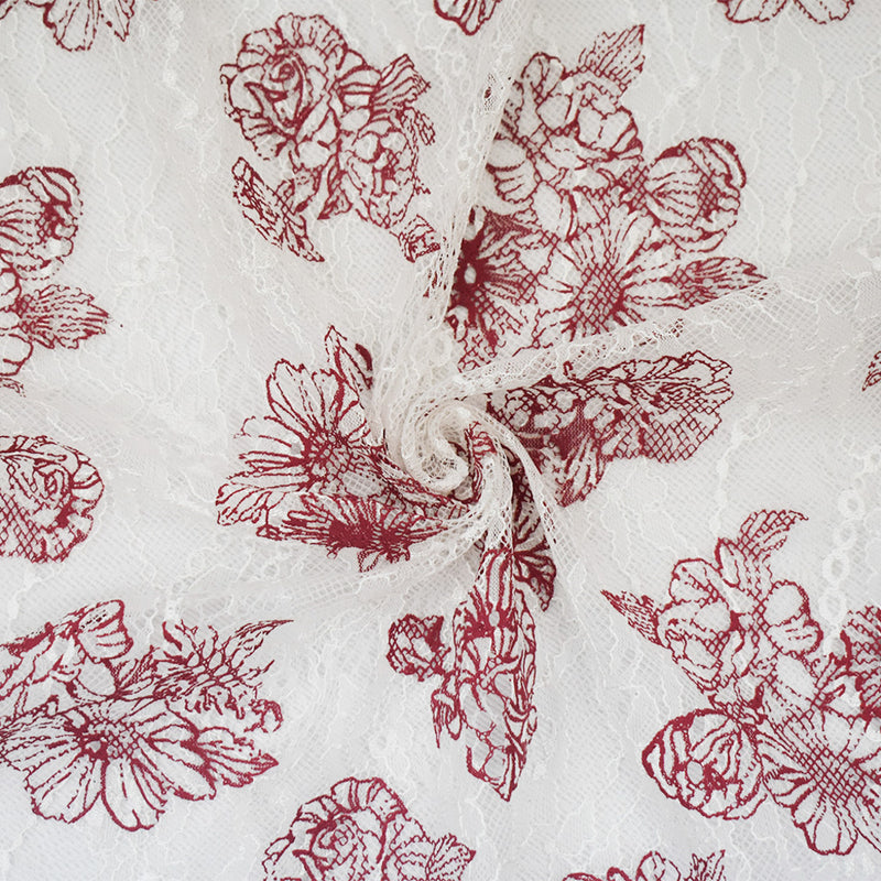 White-Deep Red Nylon Floral Printed Lace Mesh Knit Fabric