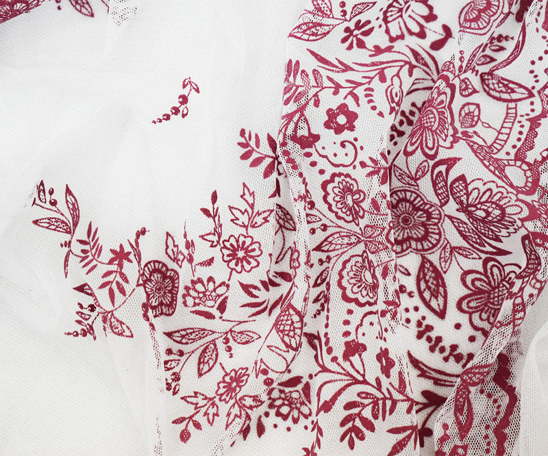 White-Pink Nylon Floral Border Scallop Printed Mesh Tulle Fabric