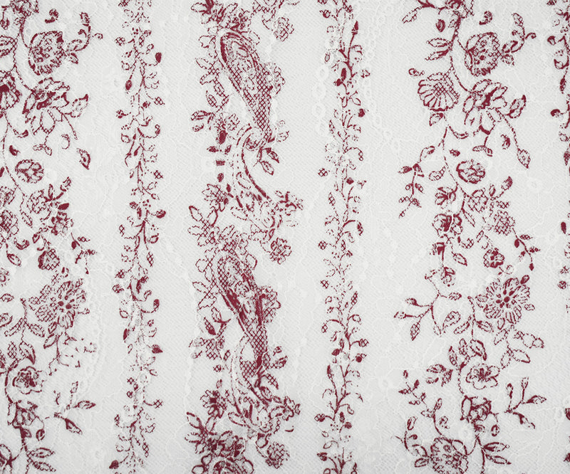 White-Red Nylon Floral Paisley Vine Printed Lace Mesh Knit Fabric