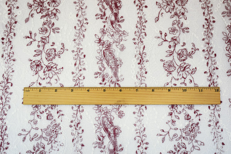 White-Red Nylon Floral Paisley Vine Printed Lace Mesh Knit Fabric