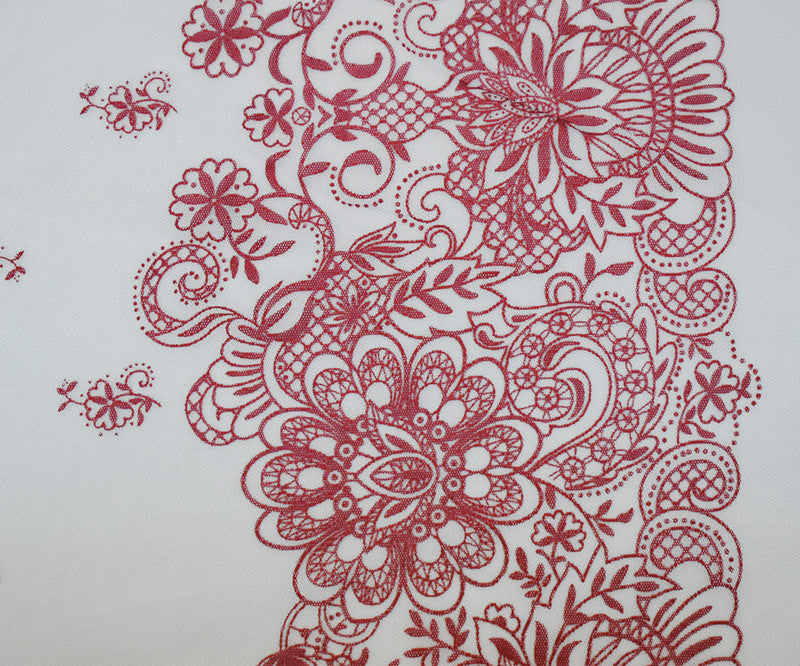 White-Red Nylon Floral Border Printed Mesh Tulle Knit Fabric