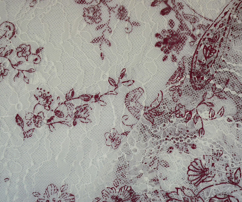 White-Red Nylon Floral Paisley Printed Lace Mesh Knit Fabric