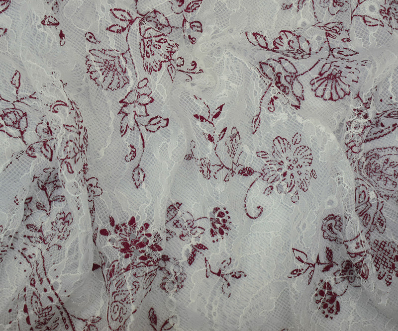 White-Red Nylon Floral Paisley Printed Lace Mesh Knit Fabric