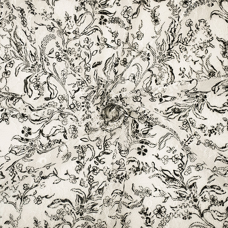 White-Black Nylon Floral Vine Printed Lace Mesh Knit Fabric