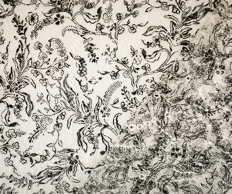 White-Black Nylon Floral Vine Printed Lace Mesh Knit Fabric