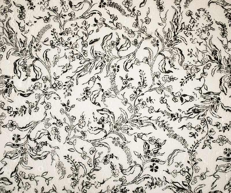 White-Black Nylon Floral Vine Printed Lace Mesh Knit Fabric